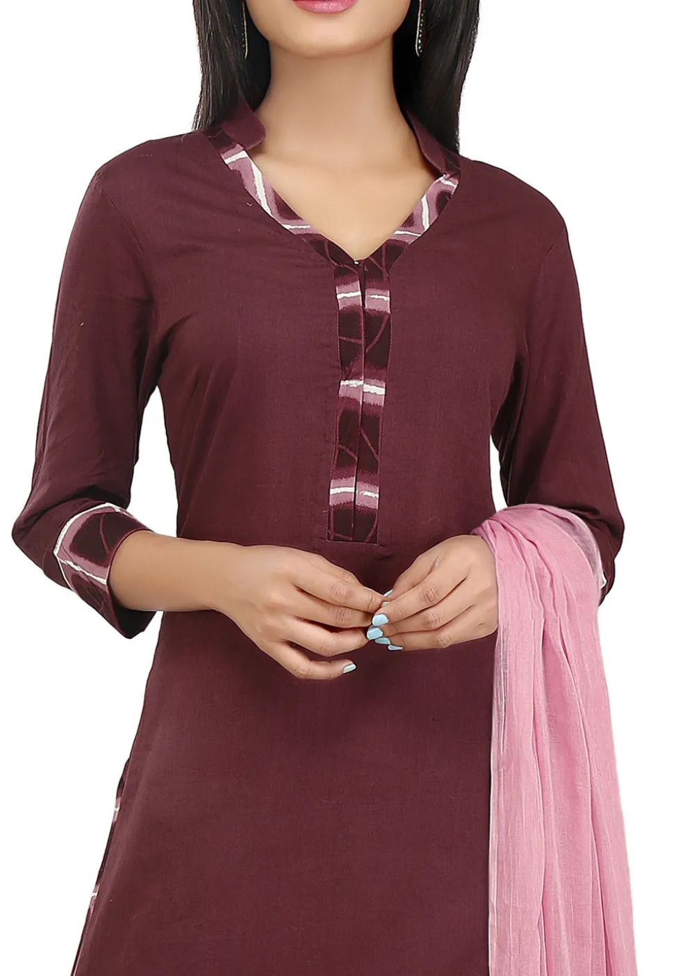Printed Trims Cotton Straight Suit in Brown