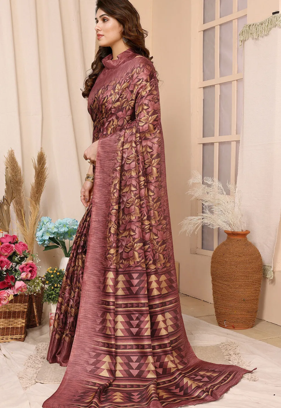 Printed Tussar Silk Saree in Maroon
