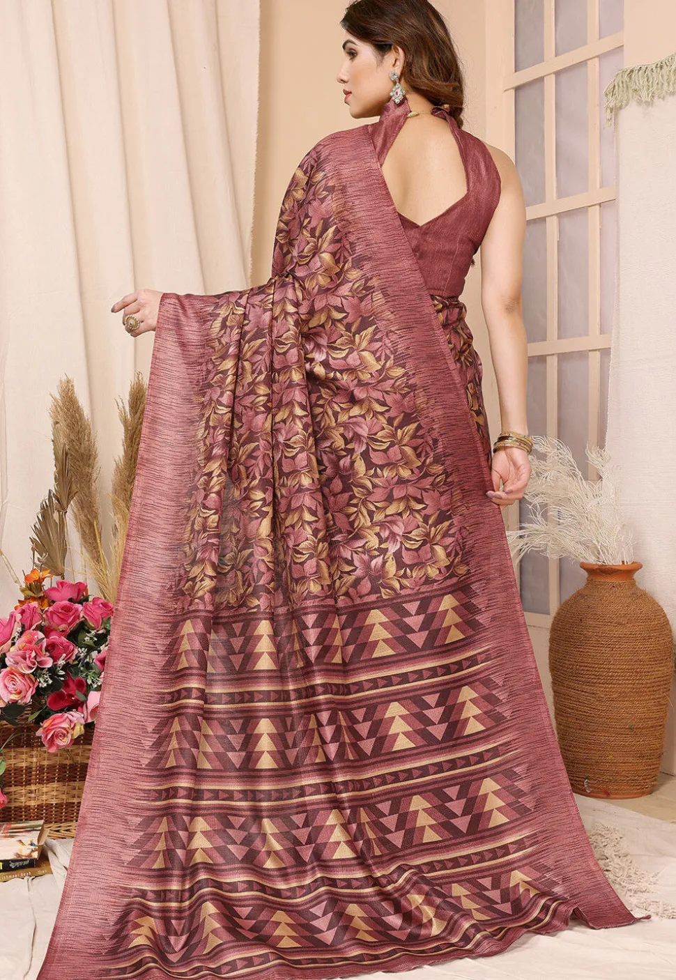 Printed Tussar Silk Saree in Maroon
