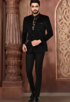 Printed Velvet Suit Set in Black