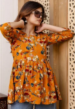 Printed Viscose Rayon A Line Kurti in Orange