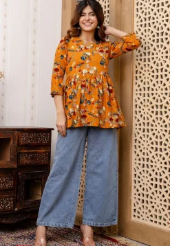 Printed Viscose Rayon A Line Kurti in Orange