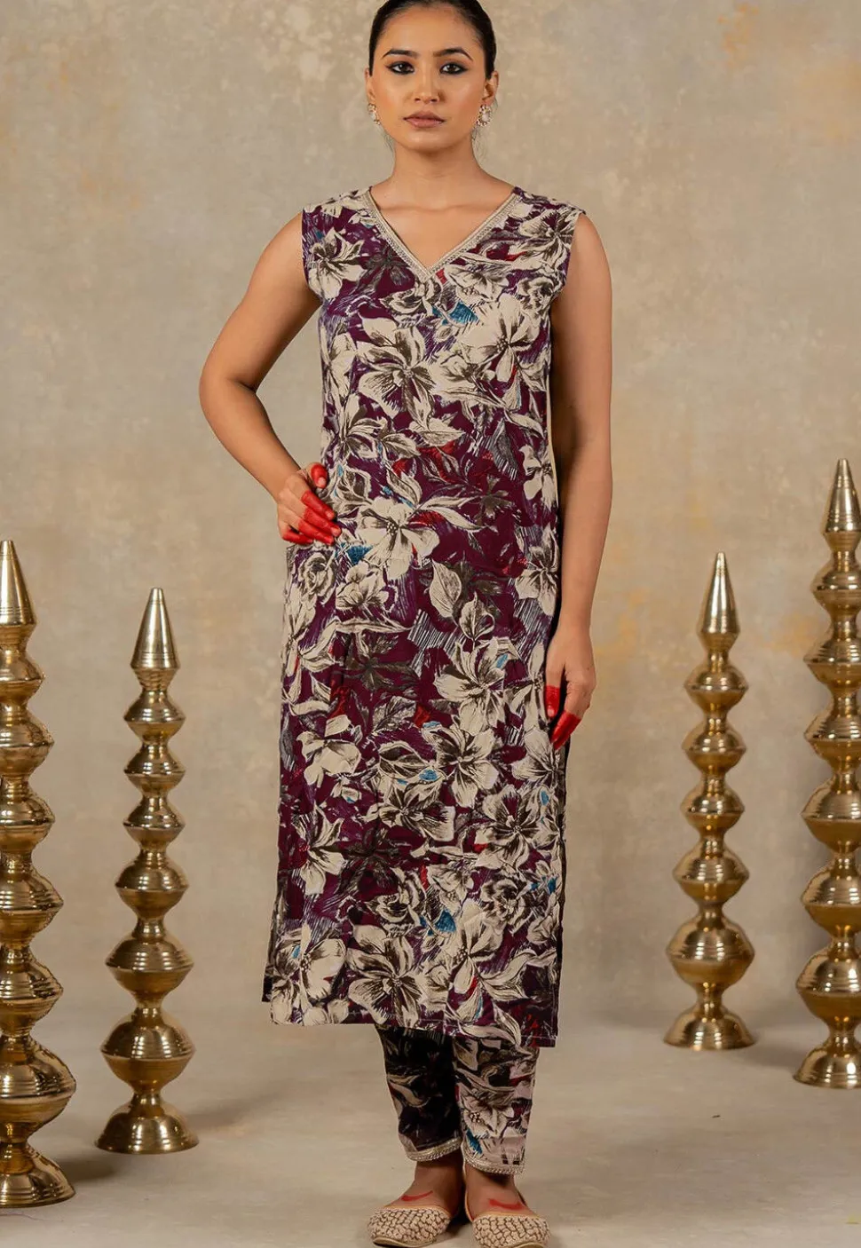 Printed Viscose Rayon Co Ord Set in Violet