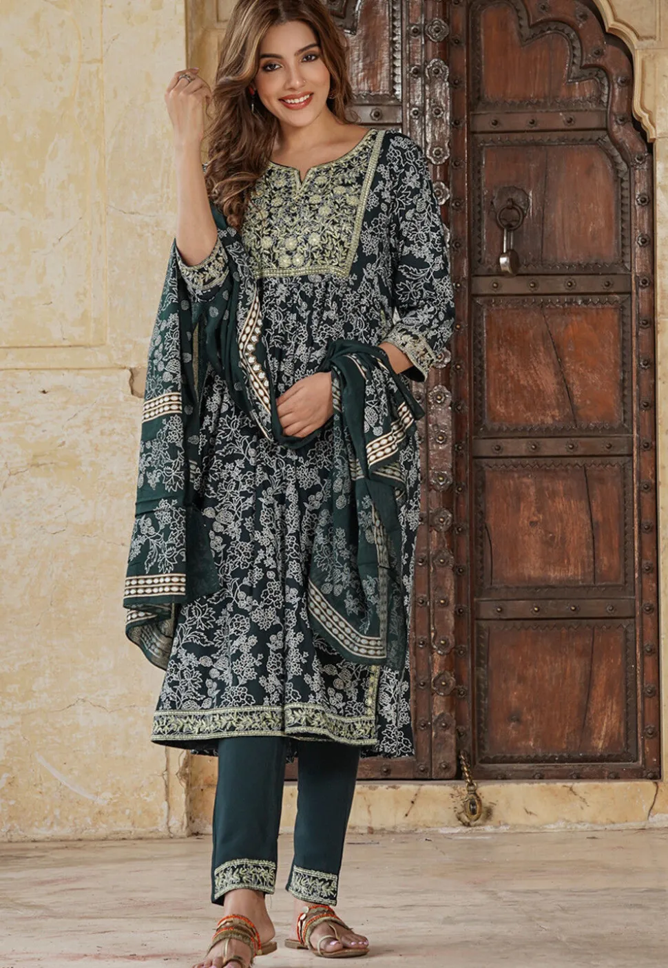 Printed Viscose Rayon Pakistani Suit in Dark Green