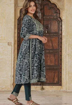 Printed Viscose Rayon Pakistani Suit in Dark Green