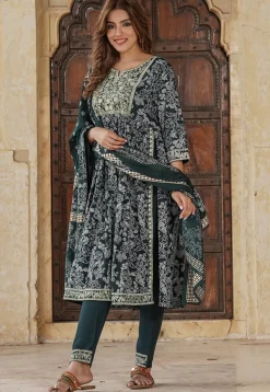 Printed Viscose Rayon Pakistani Suit in Dark Green