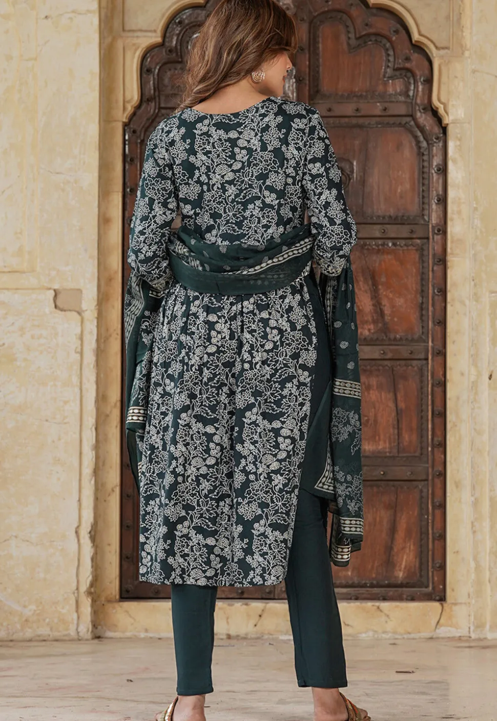 Printed Viscose Rayon Pakistani Suit in Dark Green