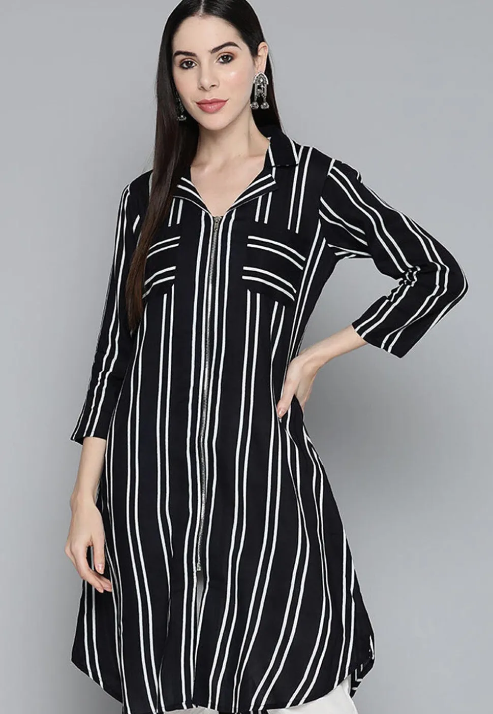 Printed Viscose Rayon Shirt Style Tunic in Black