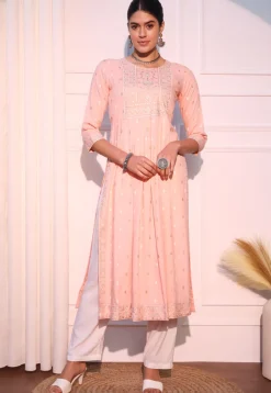 Printed Viscose Rayon Straight Kurta in Light Peach