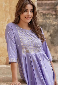 Printed Viscose Rayon Straight Kurta in Light Purple