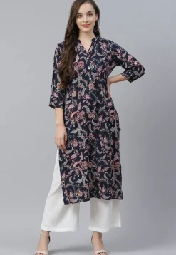 Printed Viscose Rayon Straight Kurta in Dark Blue