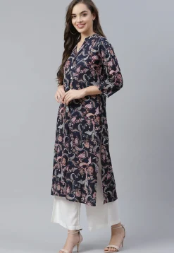 Printed Viscose Rayon Straight Kurta in Dark Blue
