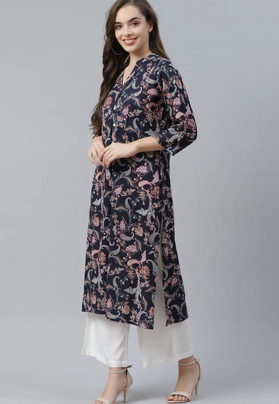 Printed Viscose Rayon Straight Kurta in Dark Blue
