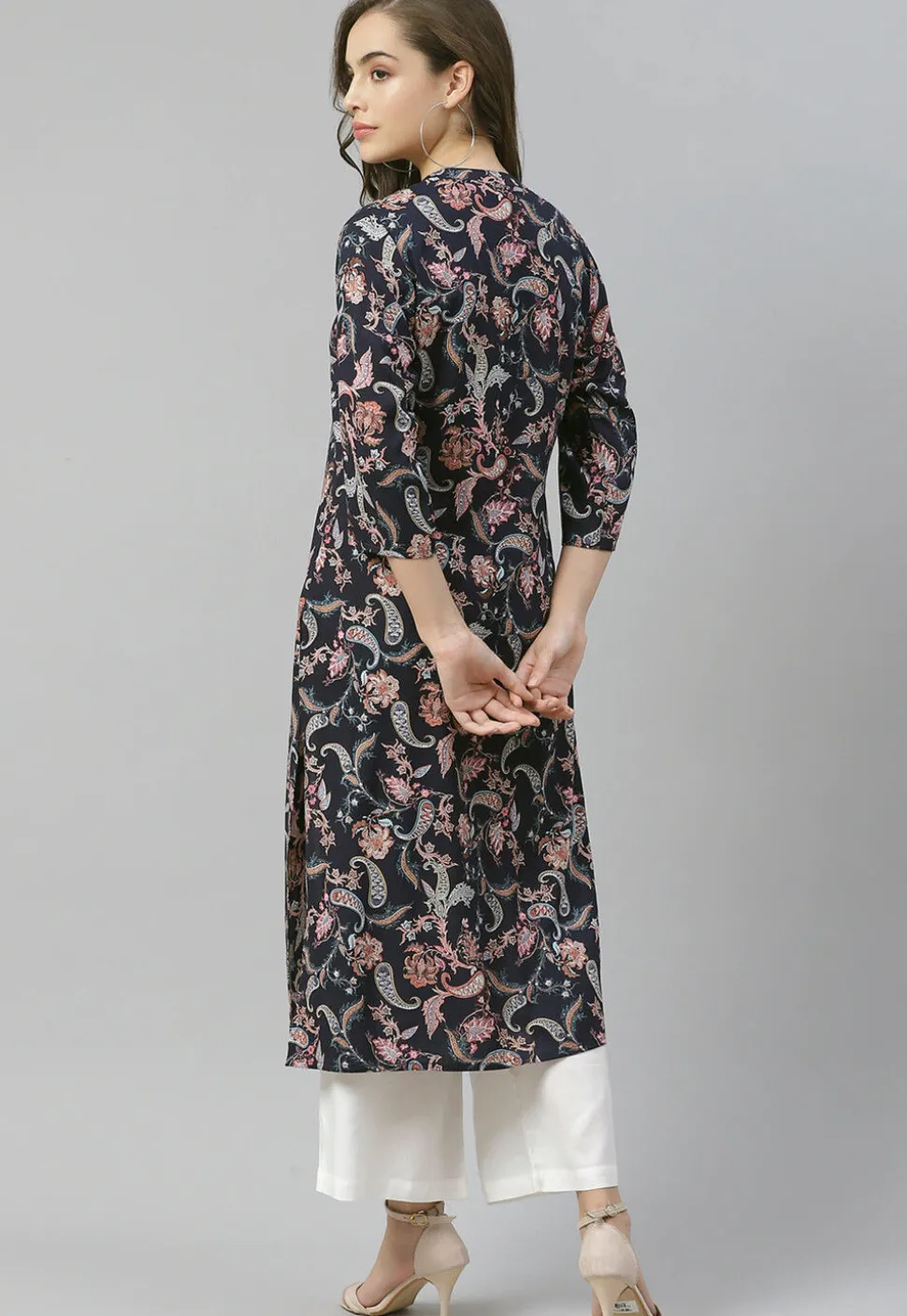 Printed Viscose Rayon Straight Kurta in Dark Blue