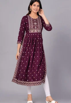 Printed Viscose Rayon Straight Kurta in Violet