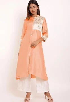Printed Yoke Art Silk and Brocade Asymmetric Kurta in Peach