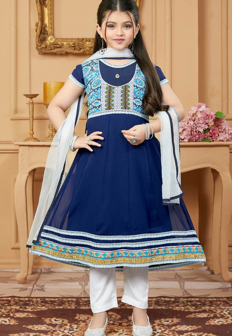 Printed Yoke Georgette Anarkali Suit in Navy Blue