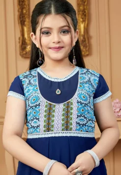 Printed Yoke Georgette Anarkali Suit in Navy Blue