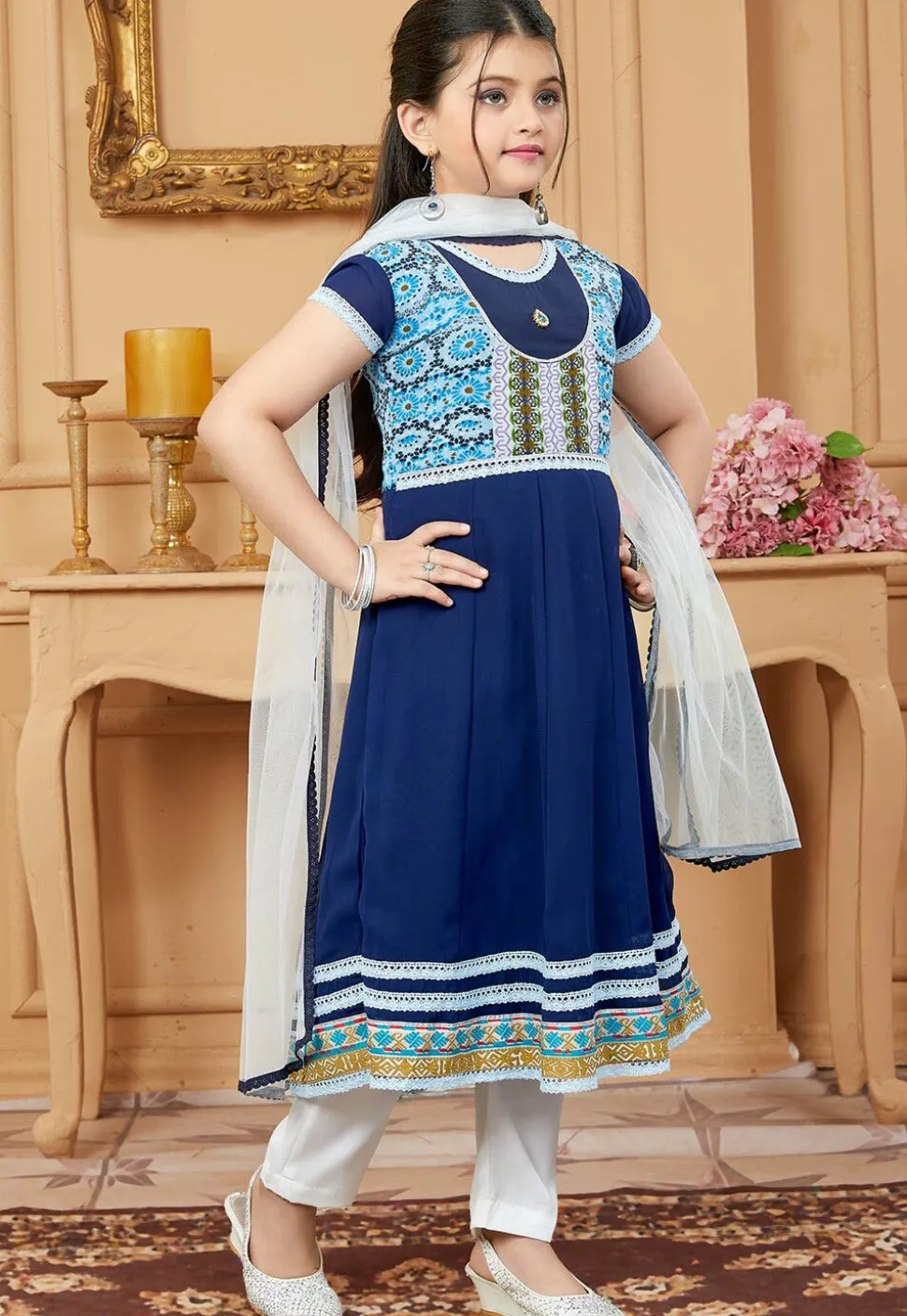 Printed Yoke Georgette Anarkali Suit in Navy Blue