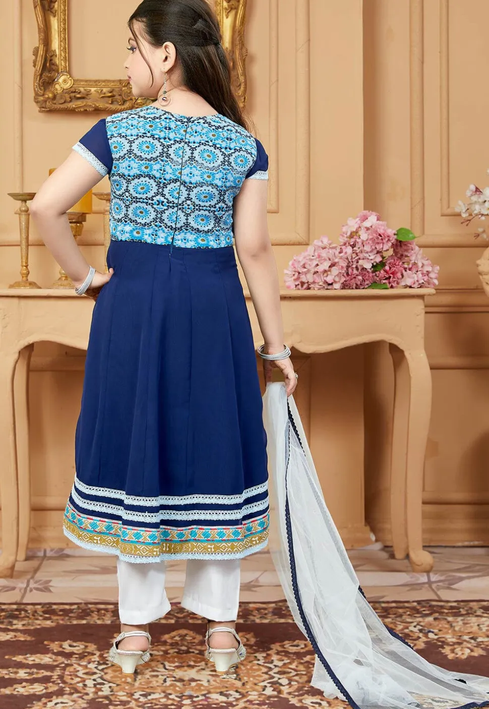 Printed Yoke Georgette Anarkali Suit in Navy Blue