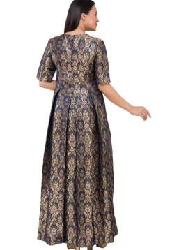 Pure Brocade Silk Abaya Style Suit in Navy Blue