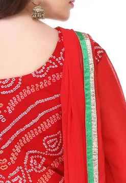 Pure Chinon Crepe Bandhej Straight Suit in Ombre Red and Orange