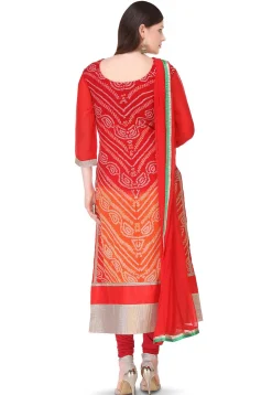 Pure Chinon Crepe Bandhej Straight Suit in Ombre Red and Orange