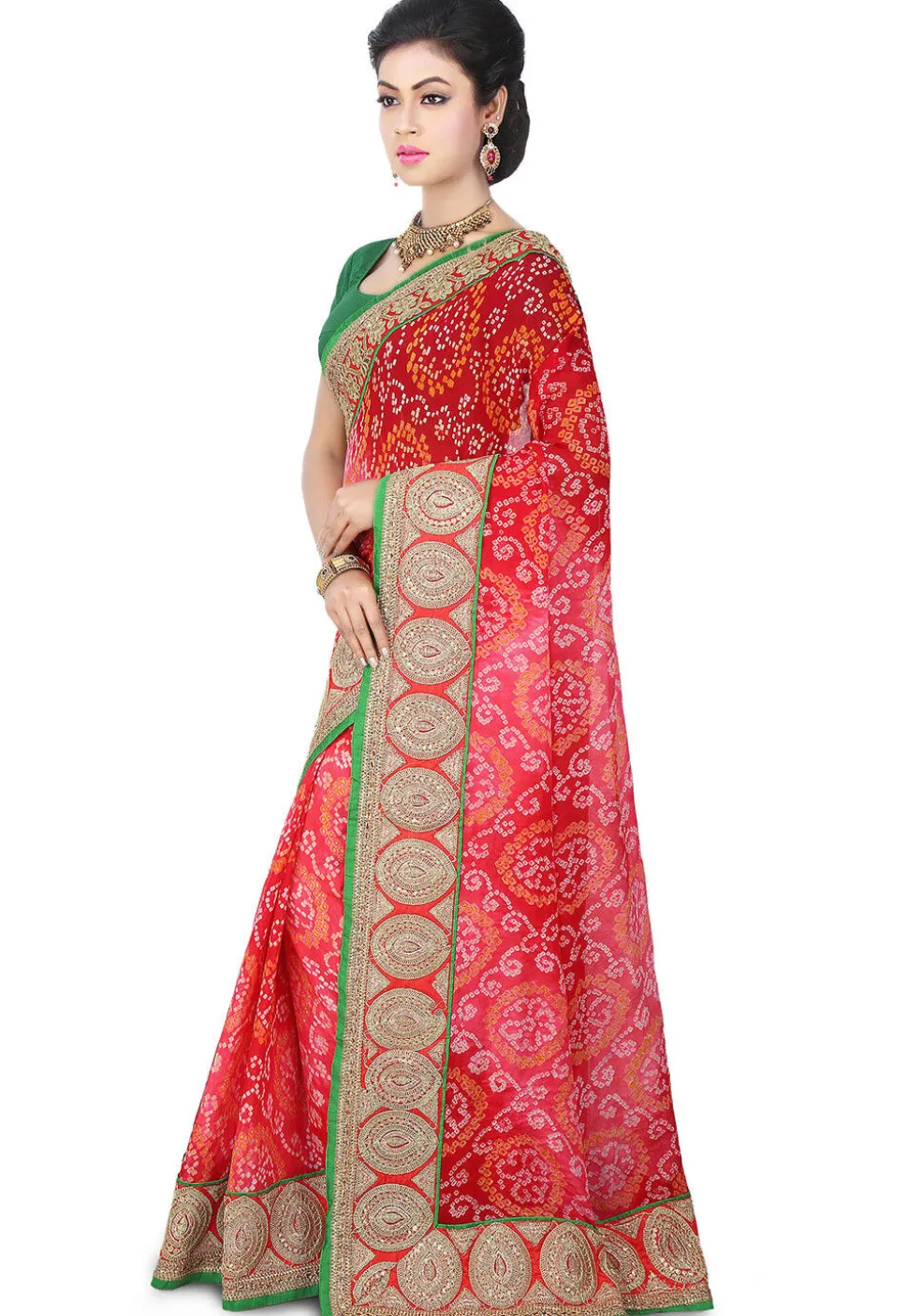Pure Chinon Crepe Bandhej Saree in Coral Red