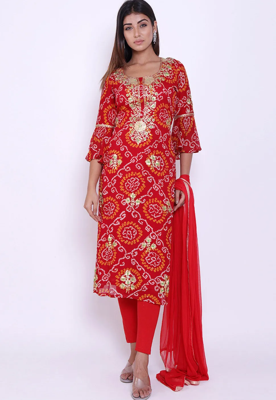 Pure Georgette Bandhej Straight Suit in Red
