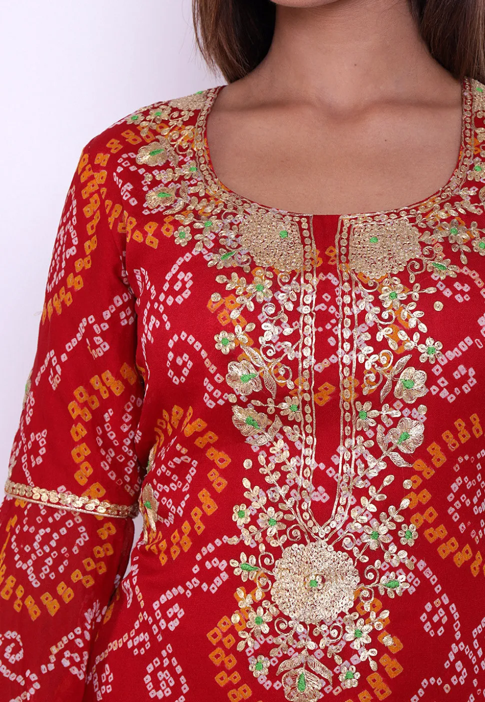 Pure Georgette Bandhej Straight Suit in Red