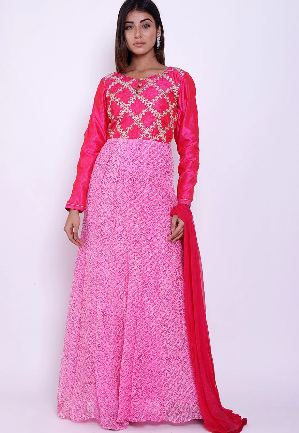 Pure Georgette Block Printed Abaya Style Suit in Pink and Fuchsia