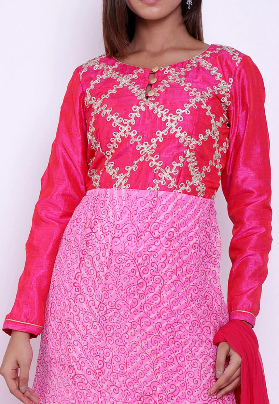 Pure Georgette Block Printed Abaya Style Suit in Pink and Fuchsia