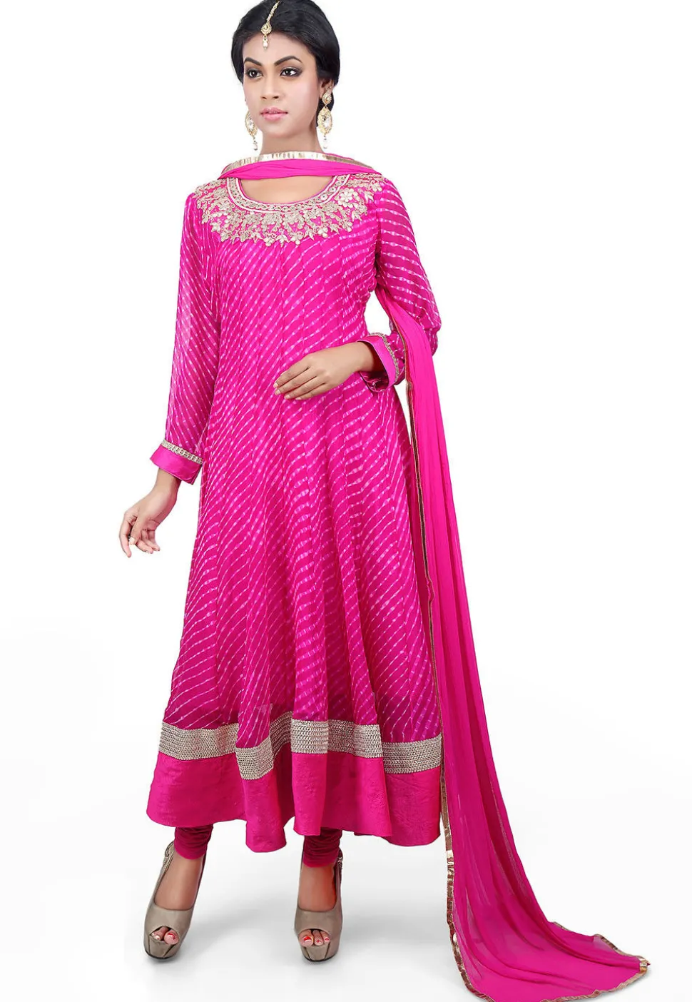 Pure Georgette Lehariya Anarkali Suit in Fuchsia