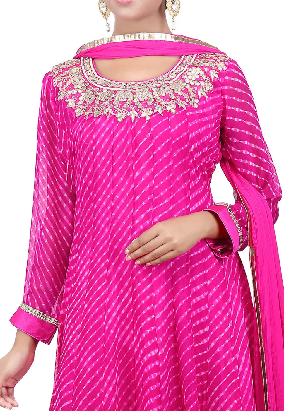 Pure Georgette Lehariya Anarkali Suit in Fuchsia