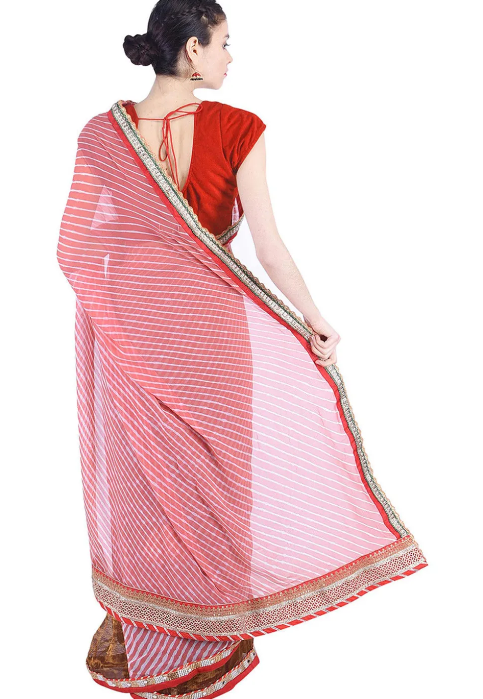Pure Georgette Lehariya Saree in Peach and Brown