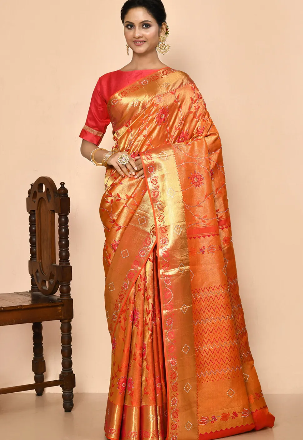 Pure Kanchipuram Silk Embellished Saree in Orange