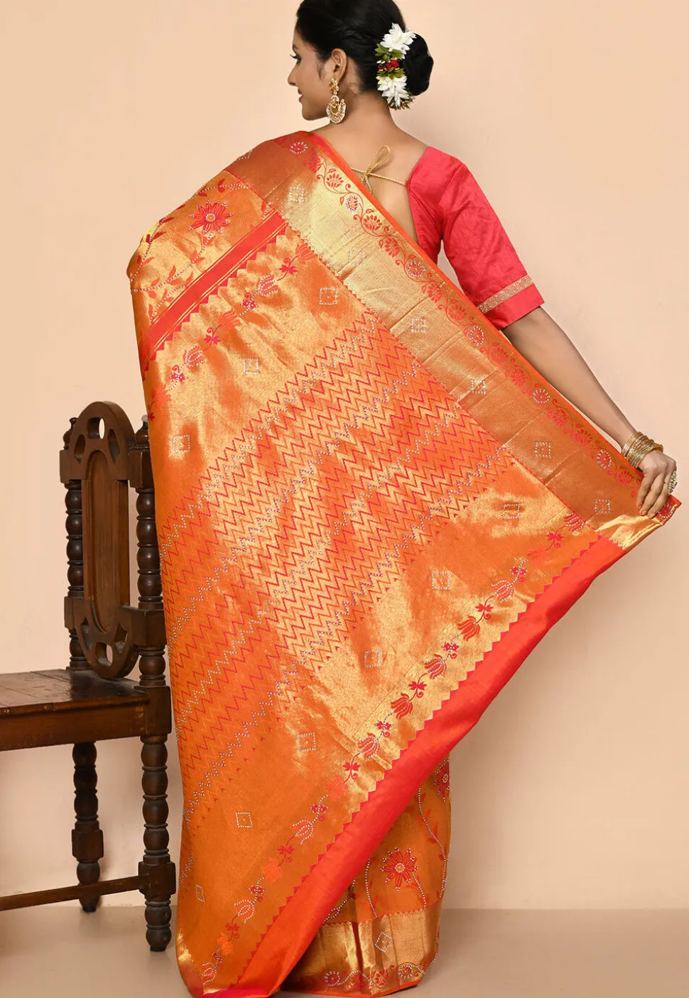 Pure Kanchipuram Silk Embellished Saree in Orange