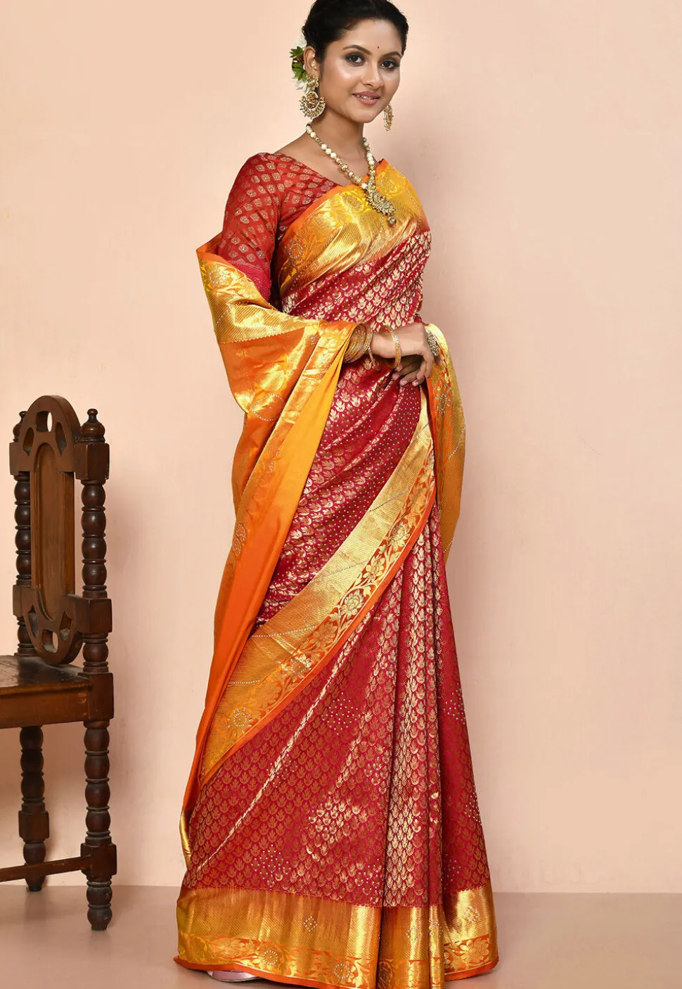 Pure Kanchipuram Silk Embellished Saree in Red