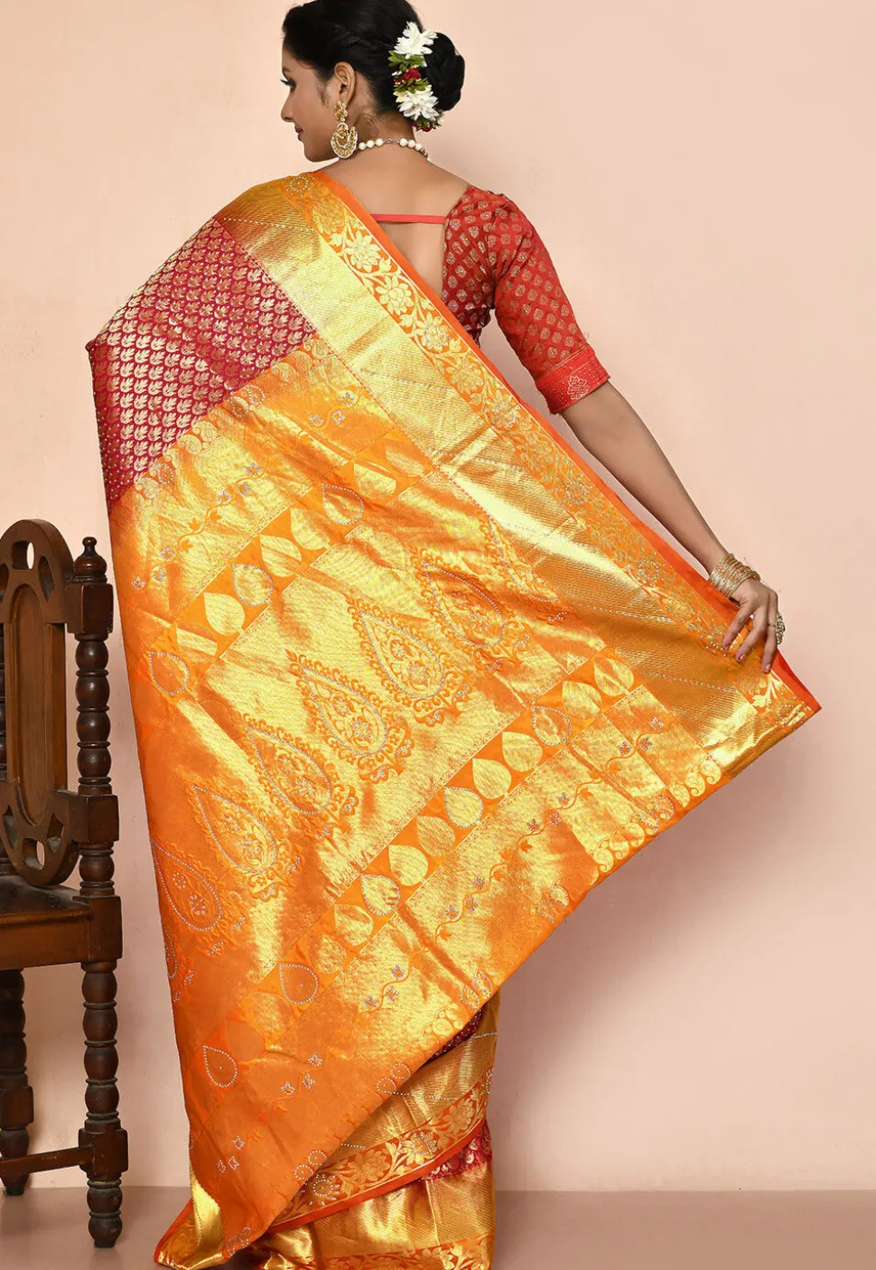 Pure Kanchipuram Silk Embellished Saree in Red