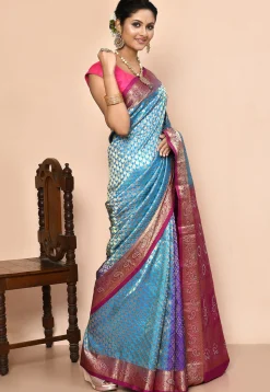 Pure Kanchipuram Silk Embellished Saree in Blue
