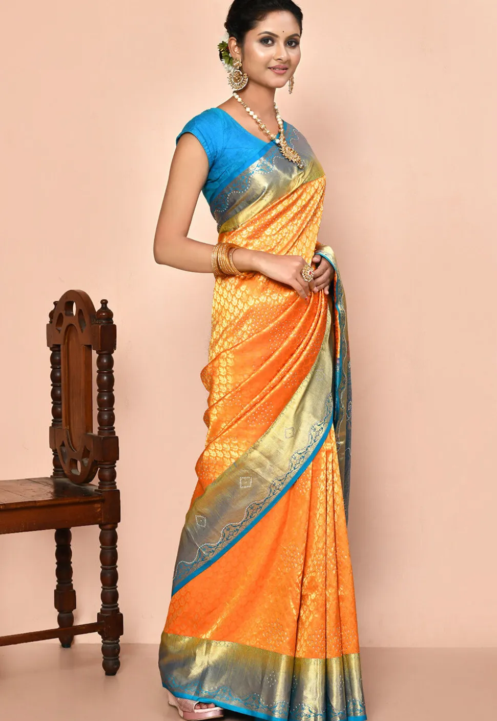 Pure Kanchipuram Silk Embellished Saree in Orange