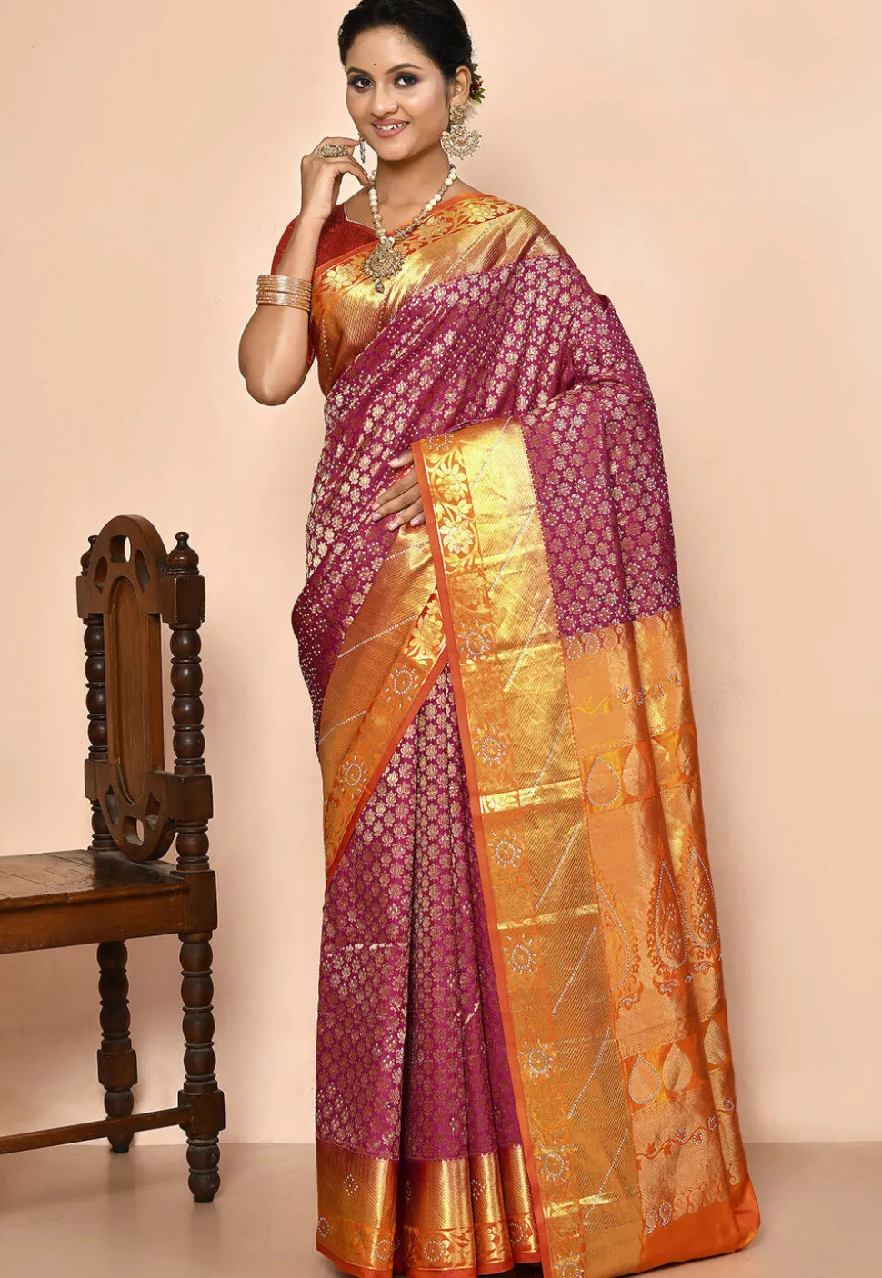 Pure Kanchipuram Silk Embellished Saree in Magenta