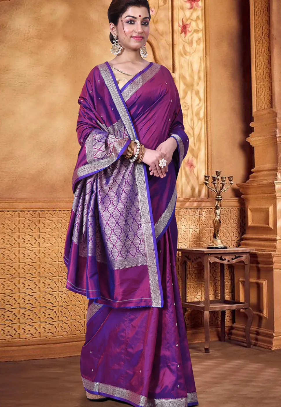Pure Katan Silk Handloom Saree in Dark Purple