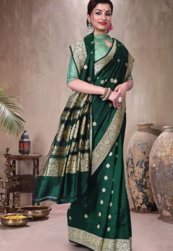 Pure Katan Silk Handloom Saree in Dark Green