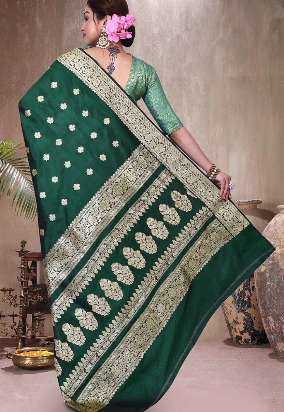 Pure Katan Silk Handloom Saree in Dark Green