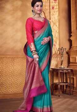 Pure Muga Silk Banarasi Saree in Teal Blue