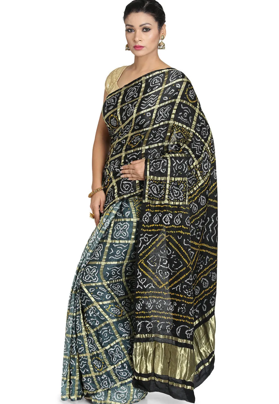 Pure Satin Silk Gharchola Saree in Black and Grey