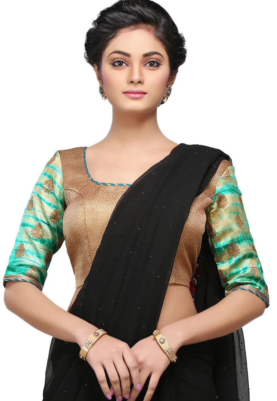 Pure Silk Blouse in Golden and Teal Green