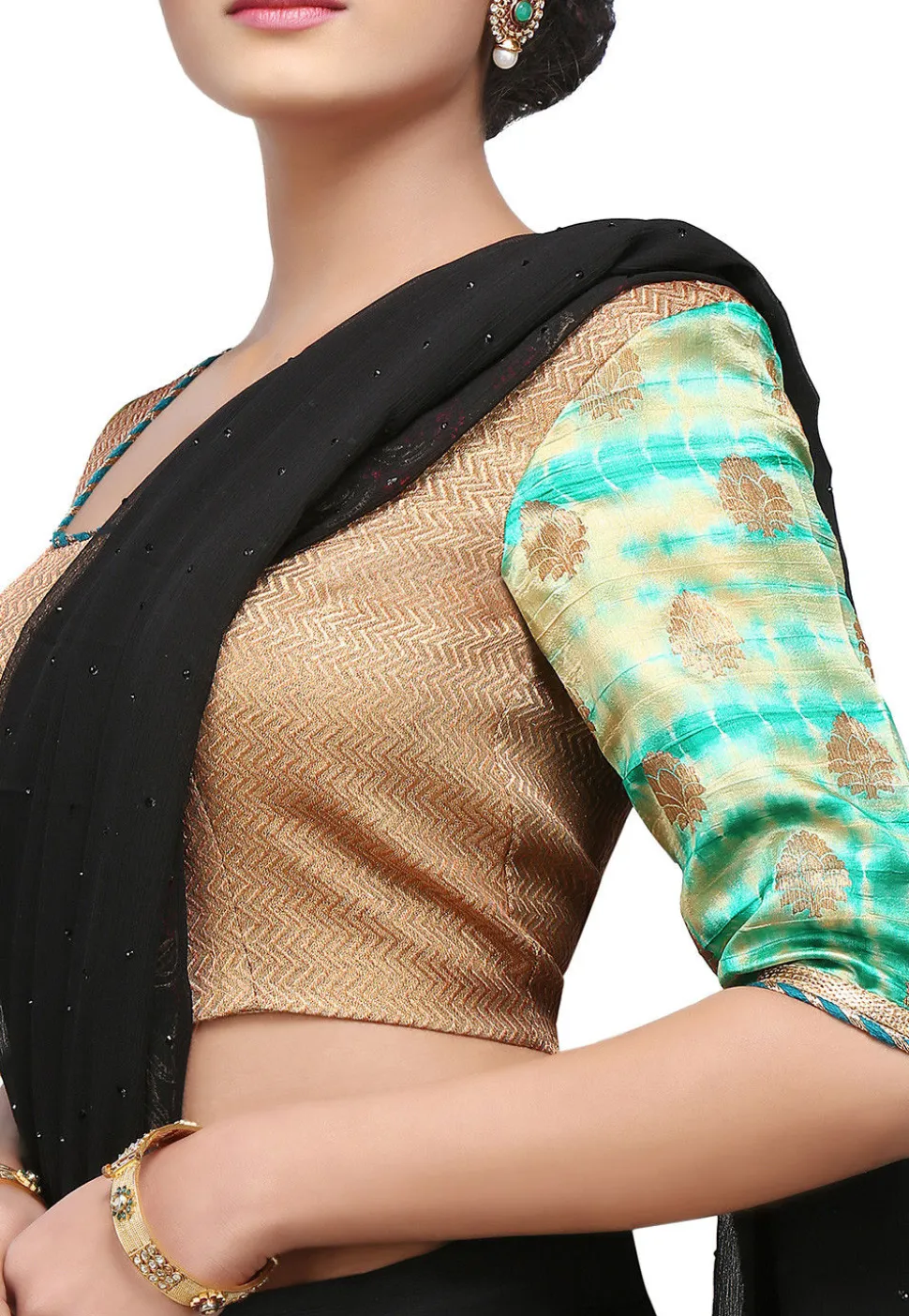 Pure Silk Blouse in Golden and Teal Green