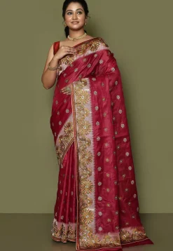 Pure Silk Embroidered Saree in Coral Red